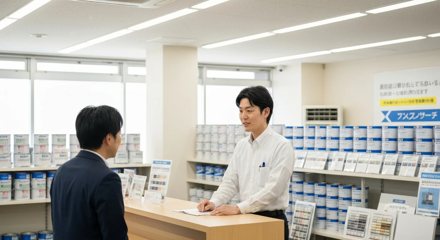 相談カウンターで塗料の仕様書を広げて説明している接客風景